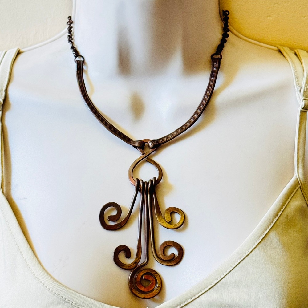 70s‎ Copper Metal Necklace VTG Statement Sculptural Swirl Collar Modernist MCM